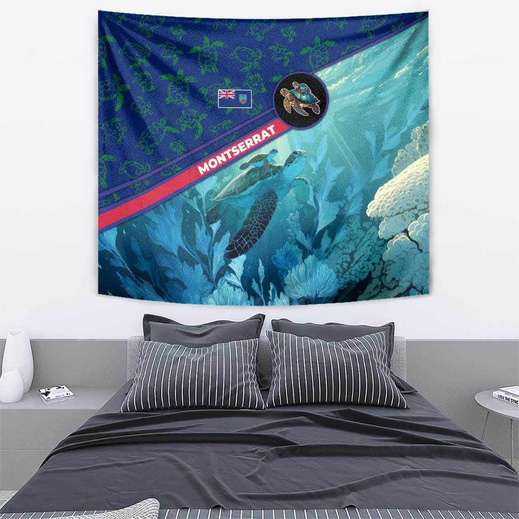 Montserrat Tapestry with Sea Turtle Illustration Blue Underwater Ocean Design - Wonder Print Shop