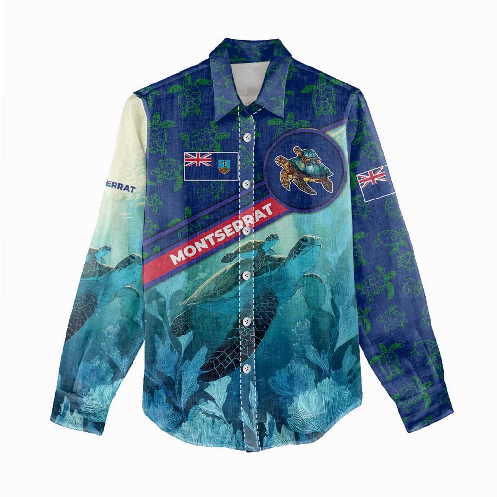 Montserrat Women Casual Shirt with Sea Turtle Illustration Blue Underwater Ocean Design - Wonder Print Shop