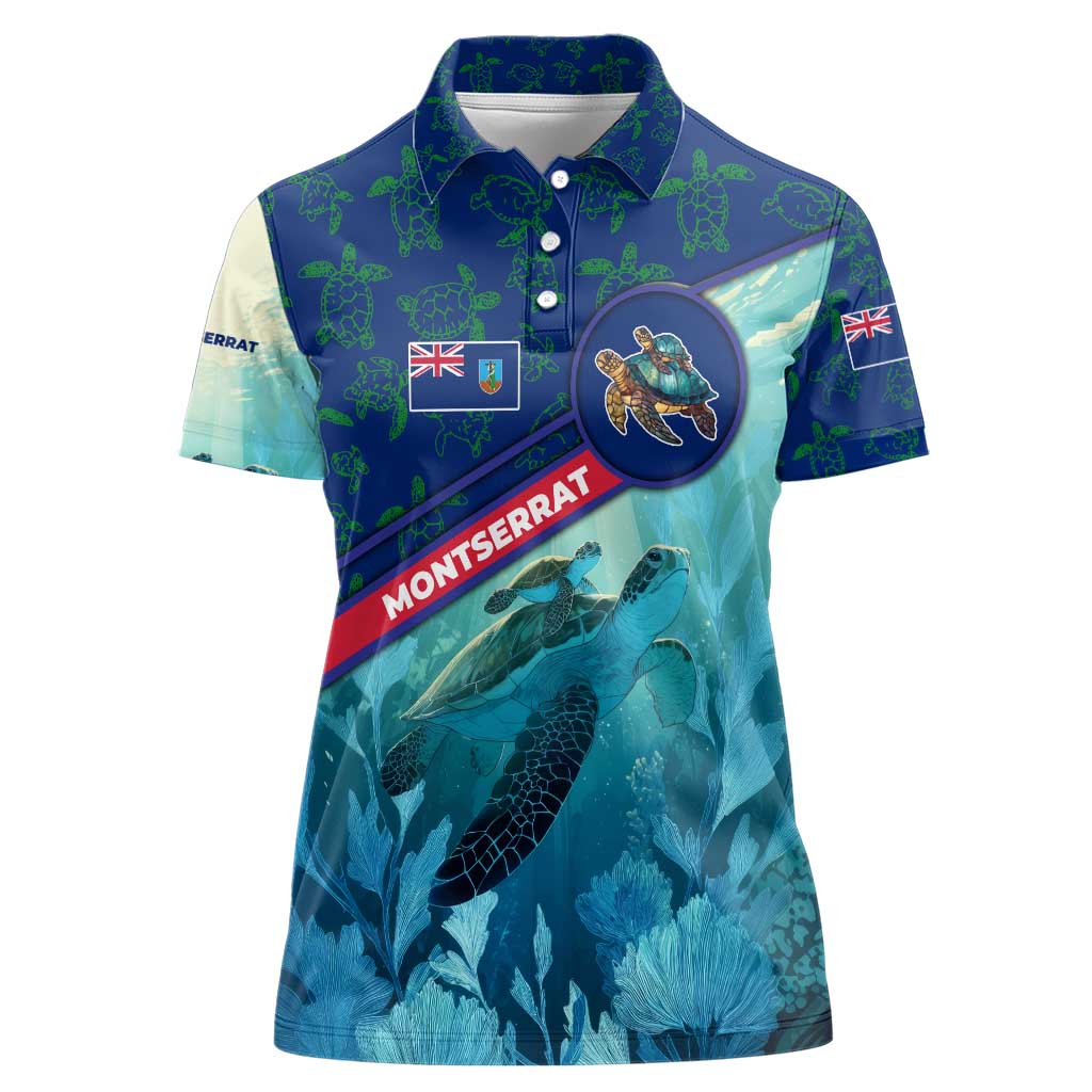 Montserrat Women Polo Shirt with Sea Turtle Illustration Blue Underwater Ocean Design - Wonder Print Shop