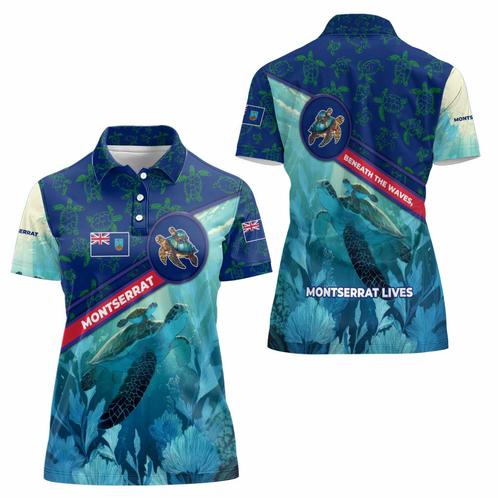 Montserrat Women Polo Shirt with Sea Turtle Illustration Blue Underwater Ocean Design - Wonder Print Shop