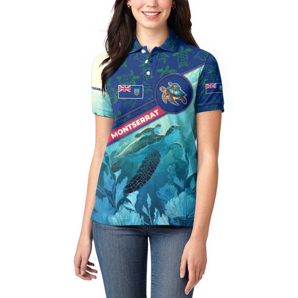 Montserrat Women Polo Shirt with Sea Turtle Illustration Blue Underwater Ocean Design - Wonder Print Shop