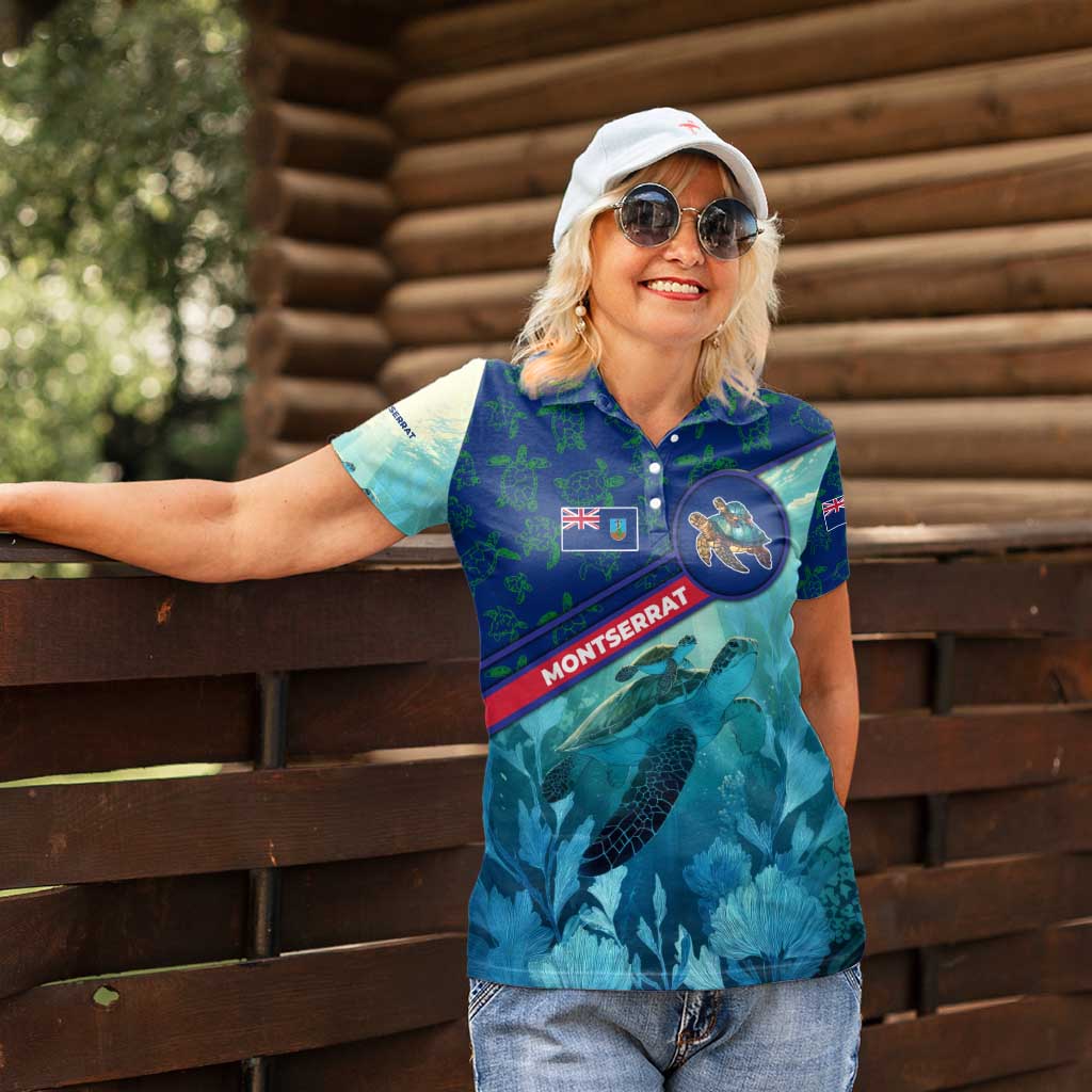 Montserrat Women Polo Shirt with Sea Turtle Illustration Blue Underwater Ocean Design - Wonder Print Shop