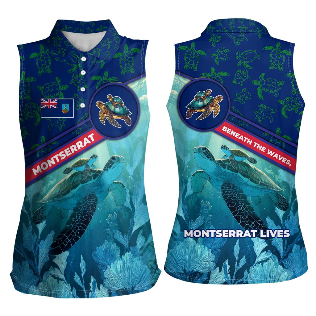 Montserrat Women Sleeveless Polo Shirt with Sea Turtle Illustration Blue Underwater Ocean Design - Wonder Print Shop