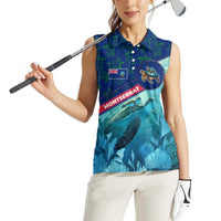 Montserrat Women Sleeveless Polo Shirt with Sea Turtle Illustration Blue Underwater Ocean Design - Wonder Print Shop