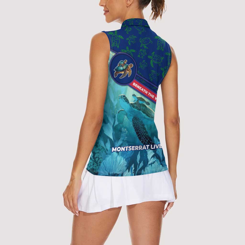 Montserrat Women Sleeveless Polo Shirt with Sea Turtle Illustration Blue Underwater Ocean Design - Wonder Print Shop