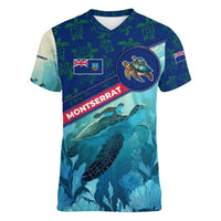 Montserrat Women V-Neck T-Shirt with Sea Turtle Illustration Blue Underwater Ocean Design - Wonder Print Shop