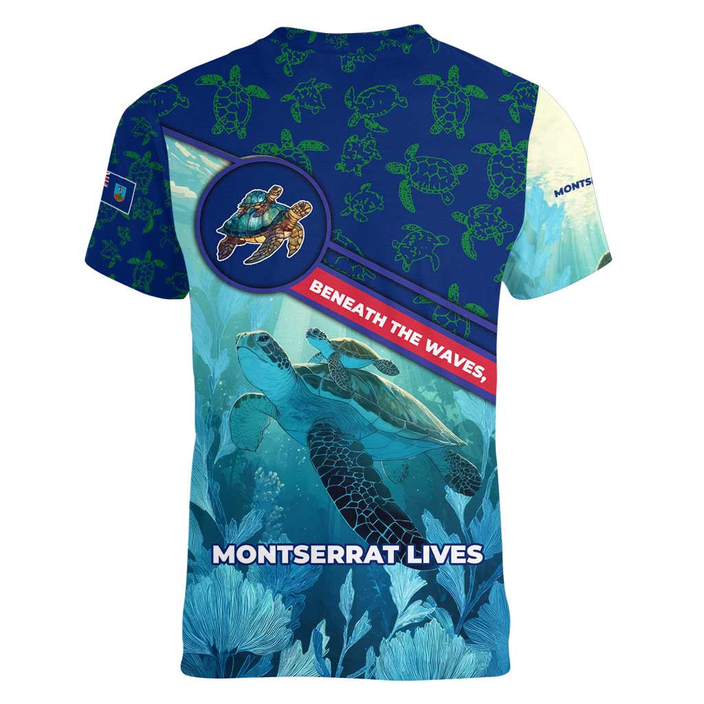 Montserrat Women V-Neck T-Shirt with Sea Turtle Illustration Blue Underwater Ocean Design - Wonder Print Shop