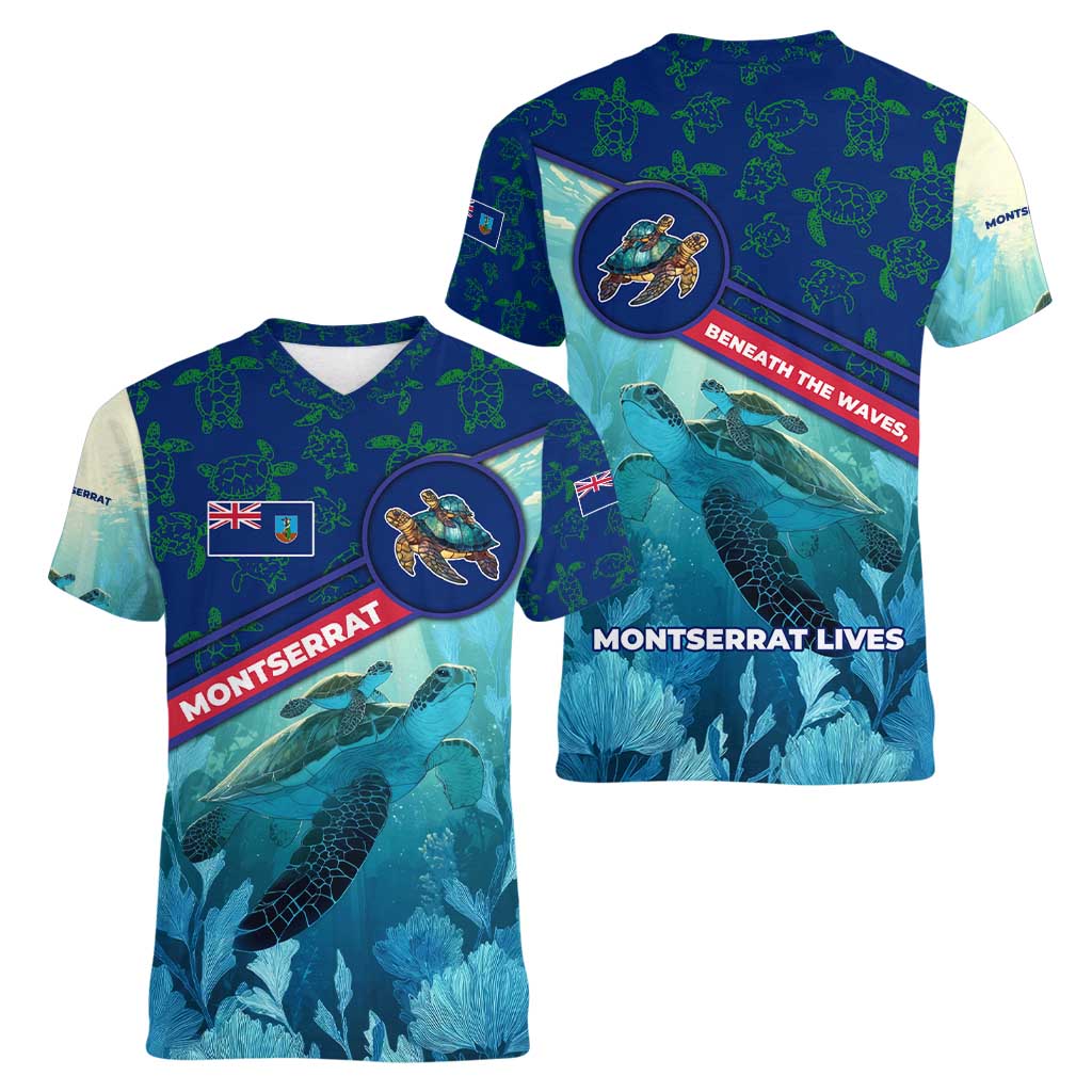 Montserrat Women V-Neck T-Shirt with Sea Turtle Illustration Blue Underwater Ocean Design - Wonder Print Shop