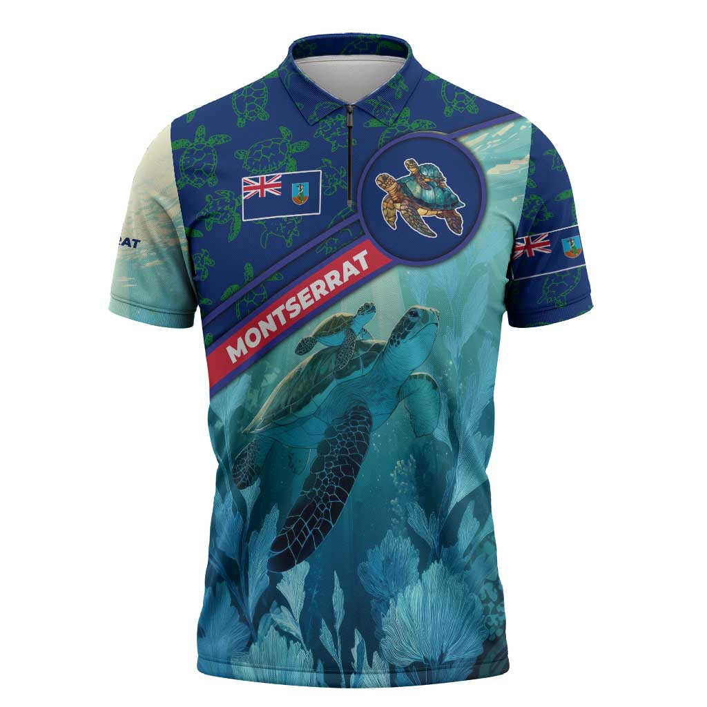 Montserrat Zipper Polo Shirt with Sea Turtle Illustration Blue Underwater Ocean Design - Wonder Print Shop