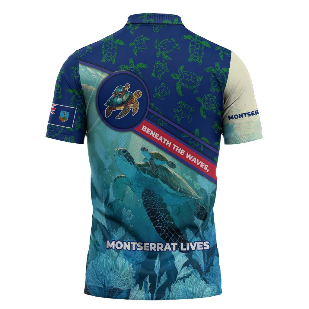 Montserrat Zipper Polo Shirt with Sea Turtle Illustration Blue Underwater Ocean Design - Wonder Print Shop