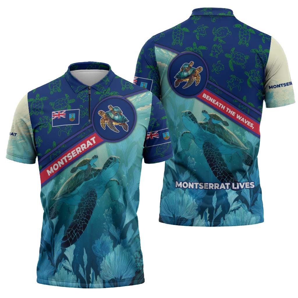 Montserrat Zipper Polo Shirt with Sea Turtle Illustration Blue Underwater Ocean Design - Wonder Print Shop