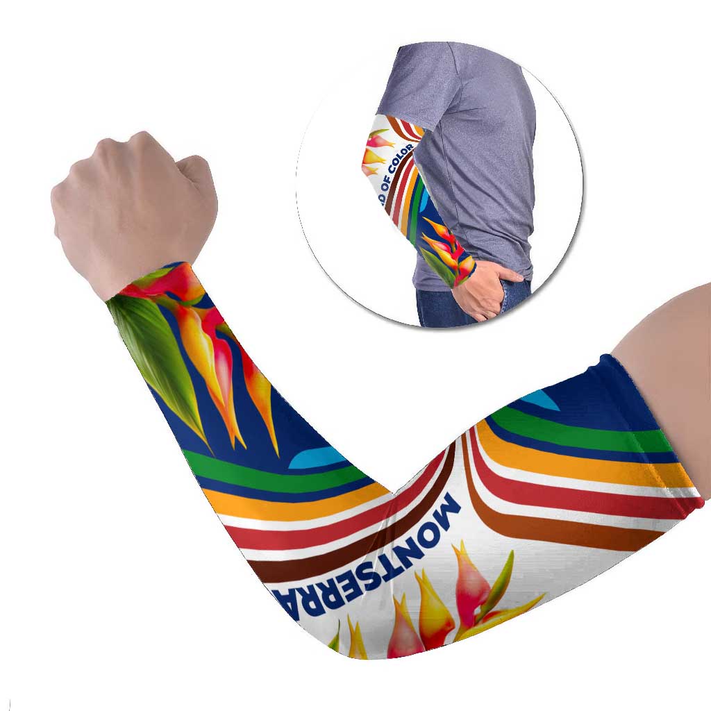 Montserrat Arm Sleeves with Heliconia Flower Illustration Colorful Retro Stripe Design - Wonder Print Shop
