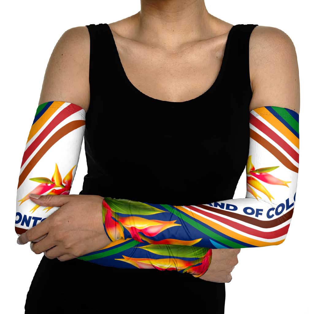 Montserrat Arm Sleeves with Heliconia Flower Illustration Colorful Retro Stripe Design - Wonder Print Shop