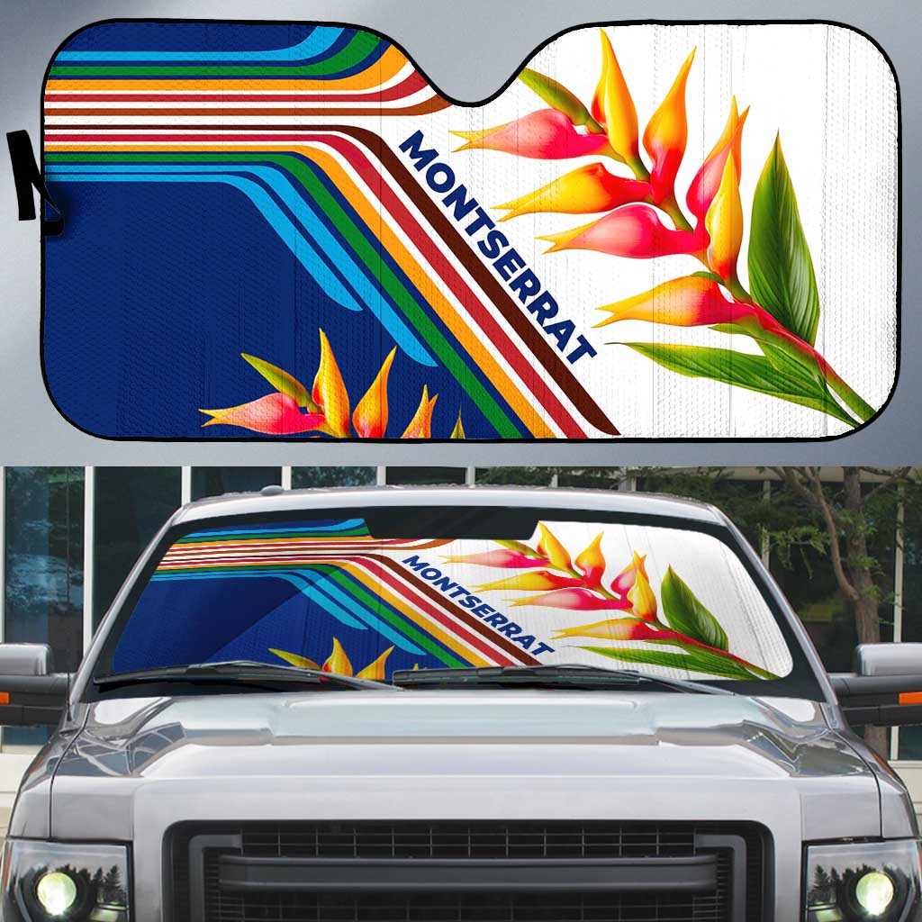 Montserrat Auto Sun Shade with Heliconia Flower Illustration Colorful Retro Stripe Design - Wonder Print Shop