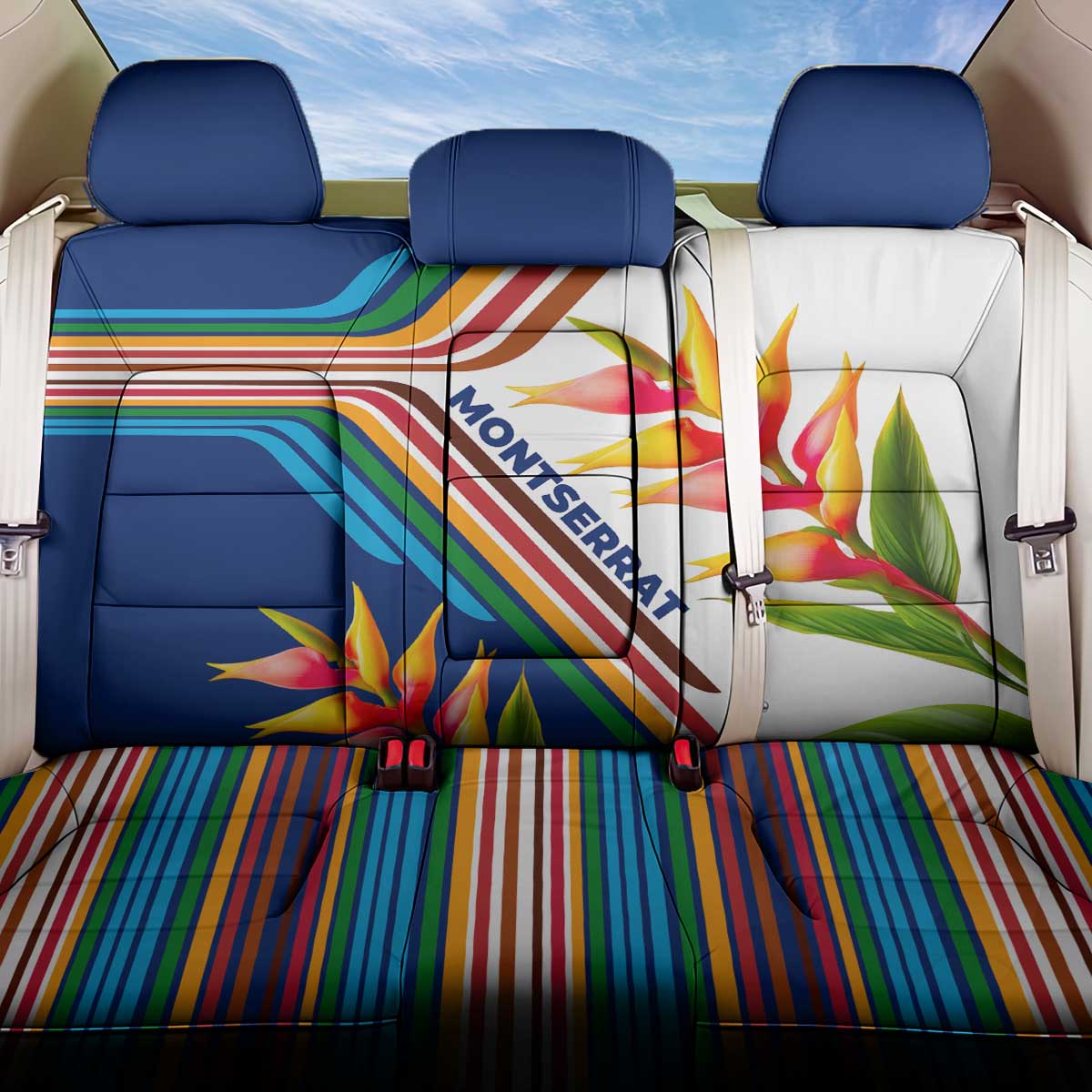 Montserrat Back Car Seat Cover with Heliconia Flower Illustration Colorful Retro Stripe Design - Wonder Print Shop