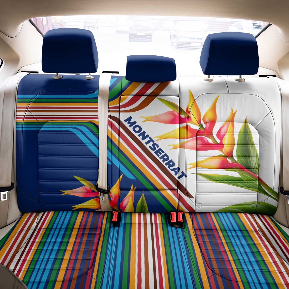 Montserrat Back Car Seat Cover with Heliconia Flower Illustration Colorful Retro Stripe Design - Wonder Print Shop