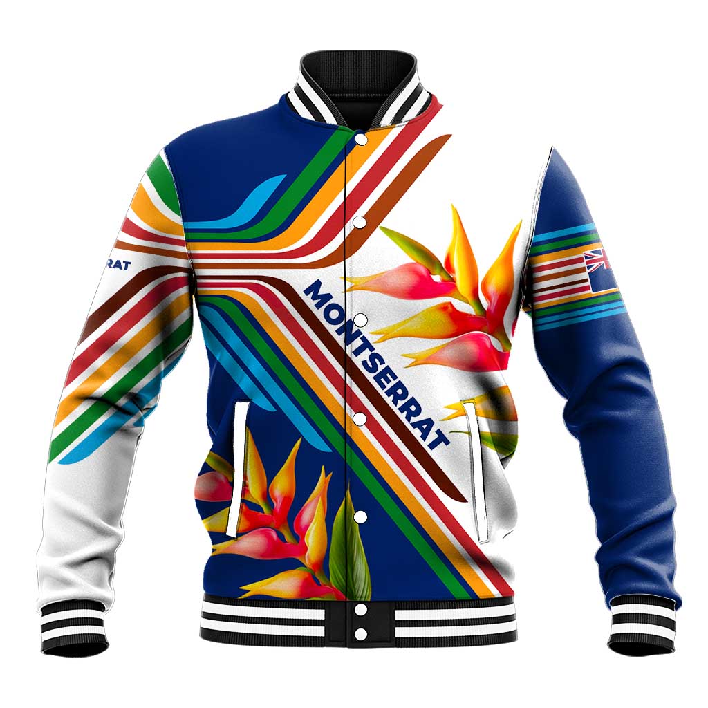 Montserrat Baseball Jacket with Heliconia Flower Illustration Colorful Retro Stripe Design - Wonder Print Shop
