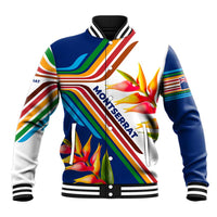 Montserrat Baseball Jacket with Heliconia Flower Illustration Colorful Retro Stripe Design - Wonder Print Shop
