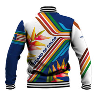 Montserrat Baseball Jacket with Heliconia Flower Illustration Colorful Retro Stripe Design - Wonder Print Shop