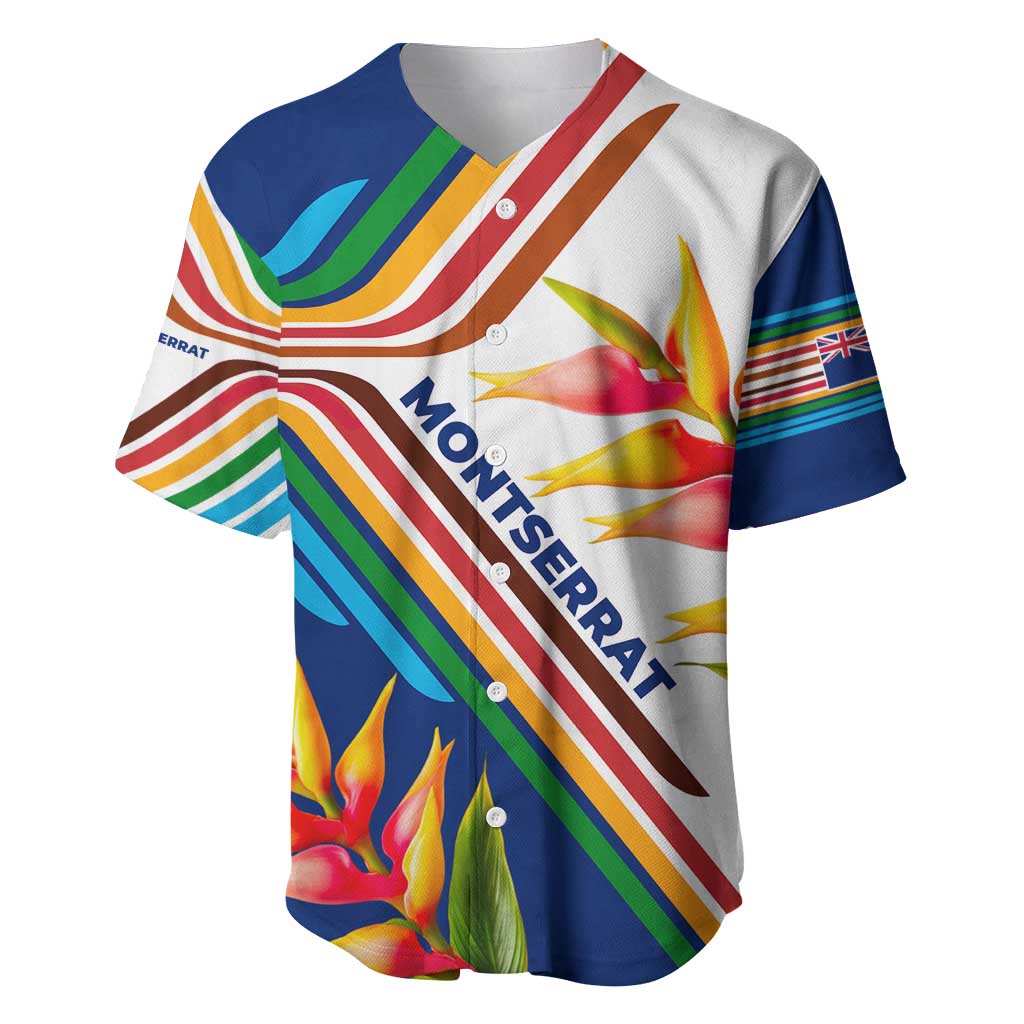 Montserrat Baseball Jersey with Heliconia Flower Illustration Colorful Retro Stripe Design - Wonder Print Shop