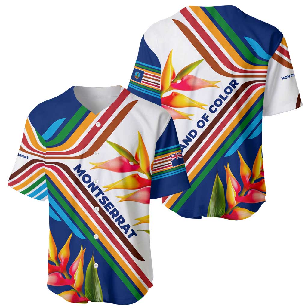 Montserrat Baseball Jersey with Heliconia Flower Illustration Colorful Retro Stripe Design - Wonder Print Shop