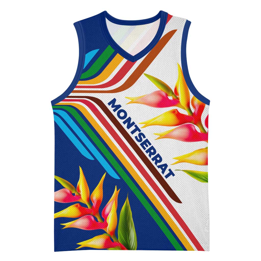 Montserrat Basketball Jersey with Heliconia Flower Illustration Colorful Retro Stripe Design - Wonder Print Shop