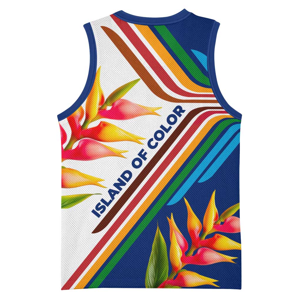 Montserrat Basketball Jersey with Heliconia Flower Illustration Colorful Retro Stripe Design - Wonder Print Shop