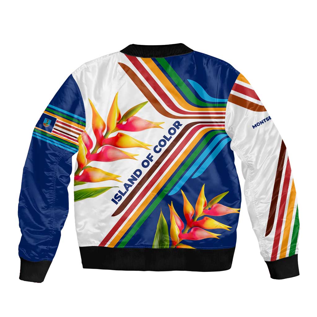 Montserrat Bomber Jacket with Heliconia Flower Illustration Colorful Retro Stripe Design - Wonder Print Shop