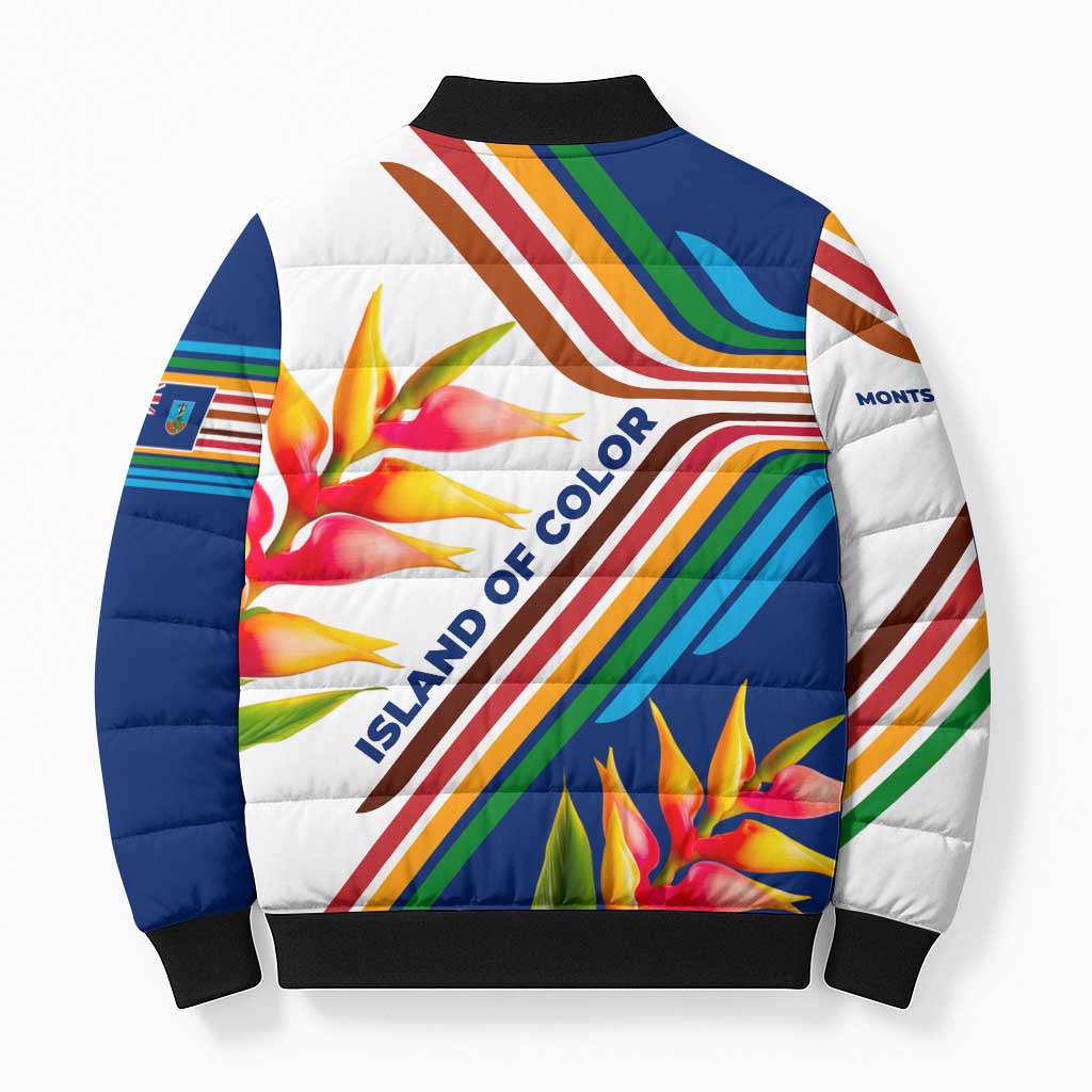 Montserrat Bomber Puffer Jacket with Heliconia Flower Illustration Colorful Retro Stripe Design - Wonder Print Shop