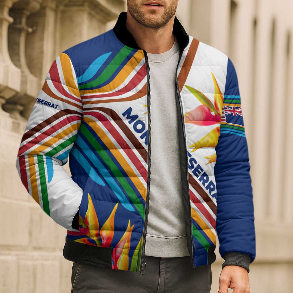 Montserrat Bomber Puffer Jacket with Heliconia Flower Illustration Colorful Retro Stripe Design - Wonder Print Shop
