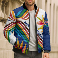 Montserrat Bomber Puffer Jacket with Heliconia Flower Illustration Colorful Retro Stripe Design - Wonder Print Shop