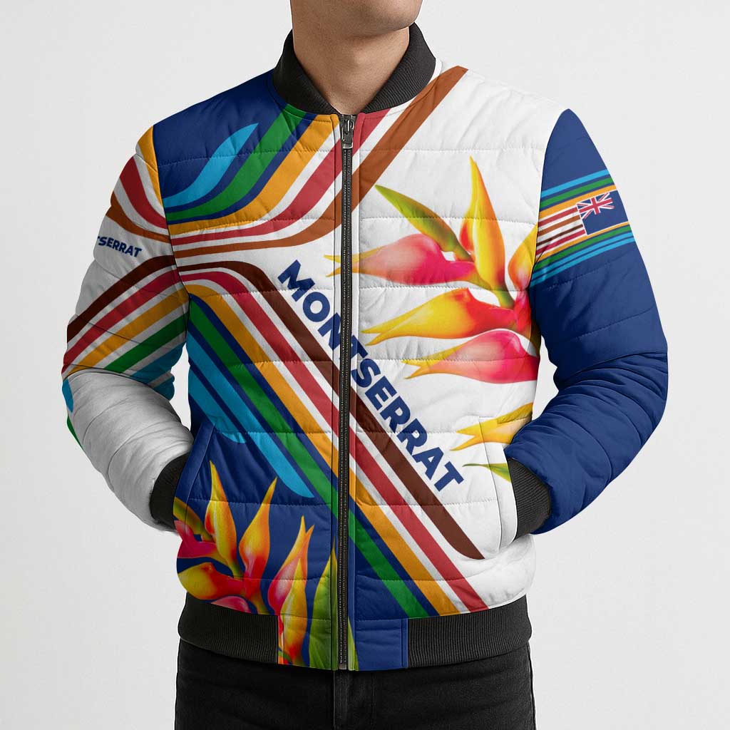 Montserrat Bomber Puffer Jacket with Heliconia Flower Illustration Colorful Retro Stripe Design - Wonder Print Shop