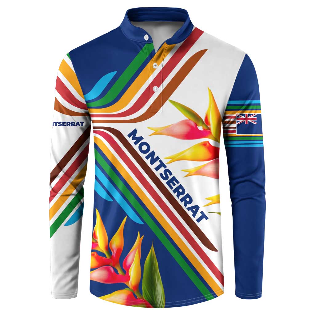 Montserrat Button Sweatshirt with Heliconia Flower Illustration Colorful Retro Stripe Design - Wonder Print Shop