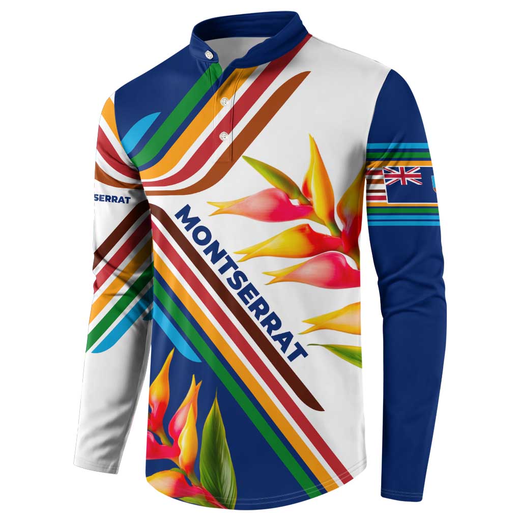 Montserrat Button Sweatshirt with Heliconia Flower Illustration Colorful Retro Stripe Design - Wonder Print Shop