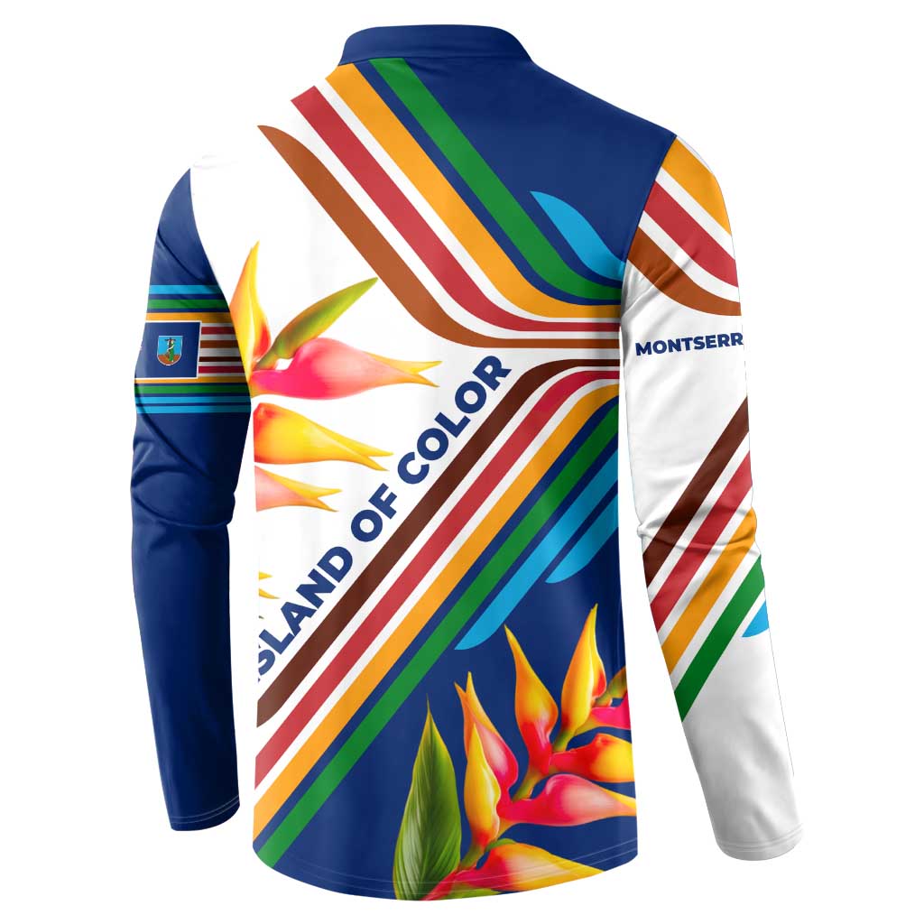 Montserrat Button Sweatshirt with Heliconia Flower Illustration Colorful Retro Stripe Design - Wonder Print Shop