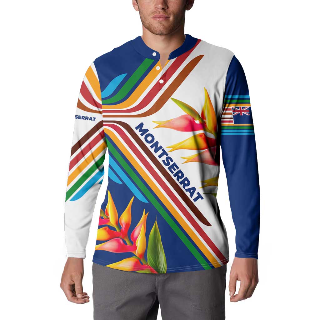 Montserrat Button Sweatshirt with Heliconia Flower Illustration Colorful Retro Stripe Design - Wonder Print Shop