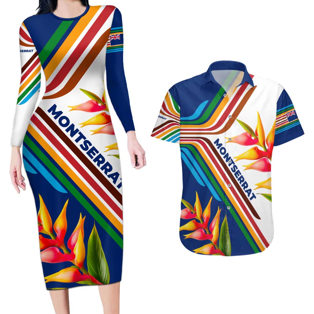 Montserrat Couples Matching Long Sleeve Bodycon Dress and Hawaiian Shirt with Heliconia Flower Illustration Colorful Retro Stripe Design - Wonder Print Shop