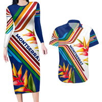 Montserrat Couples Matching Long Sleeve Bodycon Dress and Hawaiian Shirt with Heliconia Flower Illustration Colorful Retro Stripe Design - Wonder Print Shop