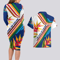 Montserrat Couples Matching Long Sleeve Bodycon Dress and Hawaiian Shirt with Heliconia Flower Illustration Colorful Retro Stripe Design - Wonder Print Shop