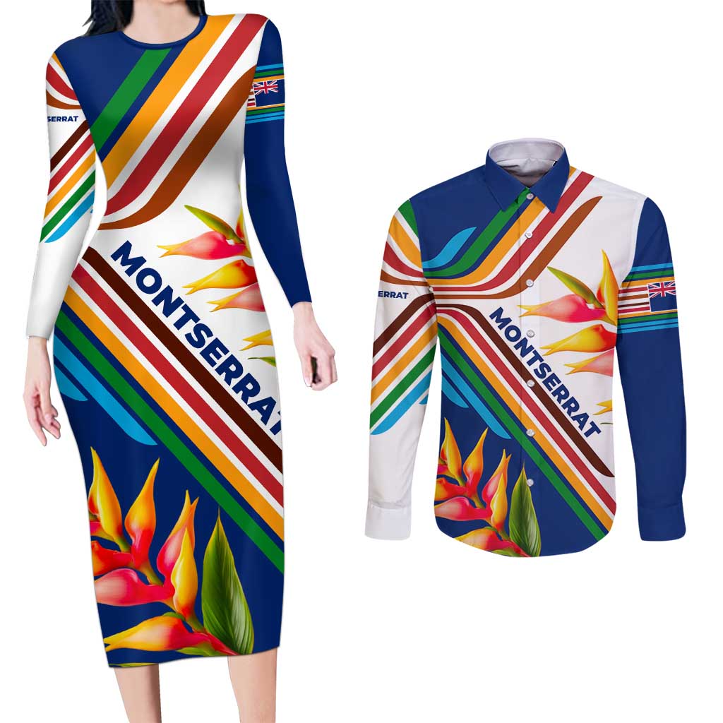 Montserrat Couples Matching Long Sleeve Bodycon Dress and Long Sleeve Button Shirt with Heliconia Flower Illustration Colorful Retro Stripe Design - Wonder Print Shop