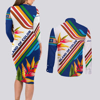 Montserrat Couples Matching Long Sleeve Bodycon Dress and Long Sleeve Button Shirt with Heliconia Flower Illustration Colorful Retro Stripe Design - Wonder Print Shop