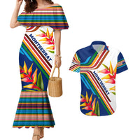 Montserrat Couples Matching Mermaid Dress and Hawaiian Shirt with Heliconia Flower Illustration Colorful Retro Stripe Design - Wonder Print Shop