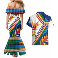 Montserrat Couples Matching Mermaid Dress and Hawaiian Shirt with Heliconia Flower Illustration Colorful Retro Stripe Design - Wonder Print Shop
