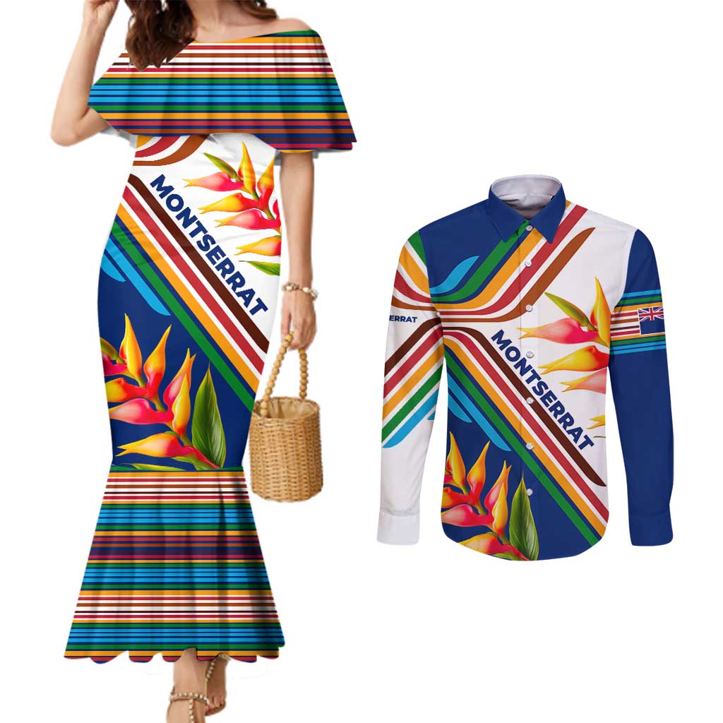 Montserrat Couples Matching Mermaid Dress and Long Sleeve Button Shirt with Heliconia Flower Illustration Colorful Retro Stripe Design - Wonder Print Shop
