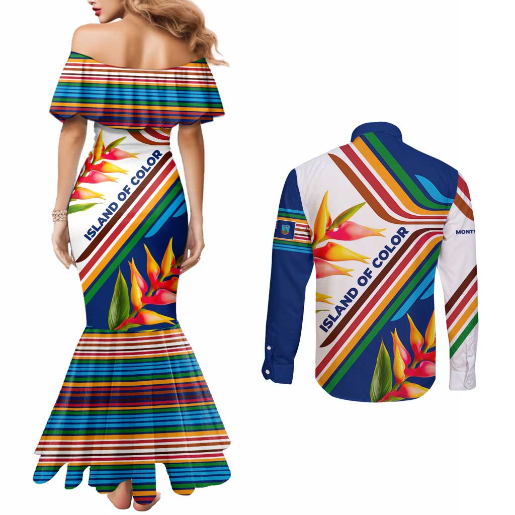 Montserrat Couples Matching Mermaid Dress and Long Sleeve Button Shirt with Heliconia Flower Illustration Colorful Retro Stripe Design - Wonder Print Shop