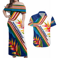 Montserrat Couples Matching Off Shoulder Maxi Dress and Hawaiian Shirt with Heliconia Flower Illustration Colorful Retro Stripe Design - Wonder Print Shop