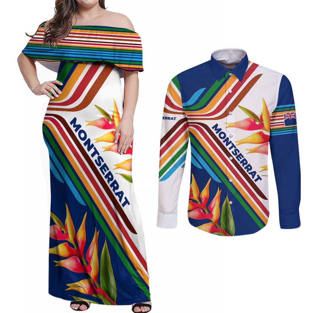 Montserrat Couples Matching Off Shoulder Maxi Dress and Long Sleeve Button Shirt with Heliconia Flower Illustration Colorful Retro Stripe Design - Wonder Print Shop