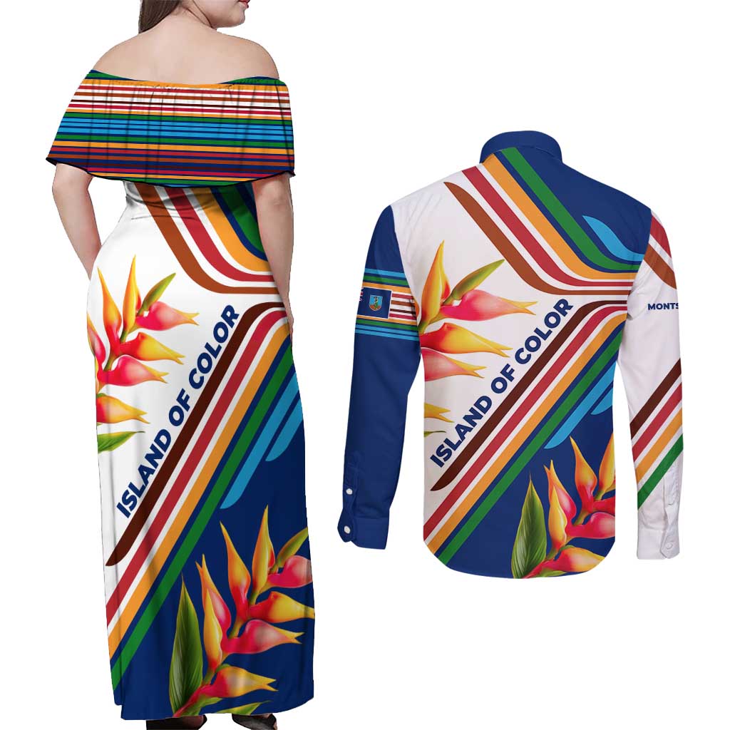 Montserrat Couples Matching Off Shoulder Maxi Dress and Long Sleeve Button Shirt with Heliconia Flower Illustration Colorful Retro Stripe Design - Wonder Print Shop