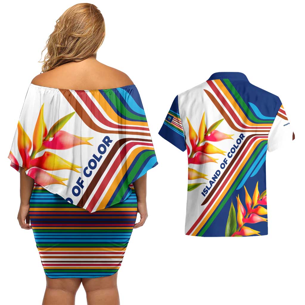 Montserrat Couples Matching Off Shoulder Short Dress and Hawaiian Shirt with Heliconia Flower Illustration Colorful Retro Stripe Design - Wonder Print Shop