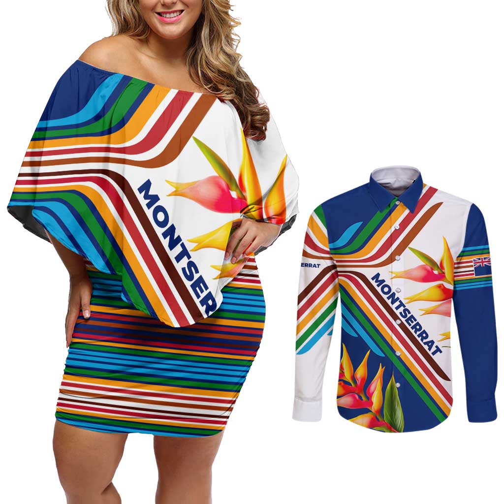 Montserrat Couples Matching Off Shoulder Short Dress and Long Sleeve Button Shirt with Heliconia Flower Illustration Colorful Retro Stripe Design - Wonder Print Shop